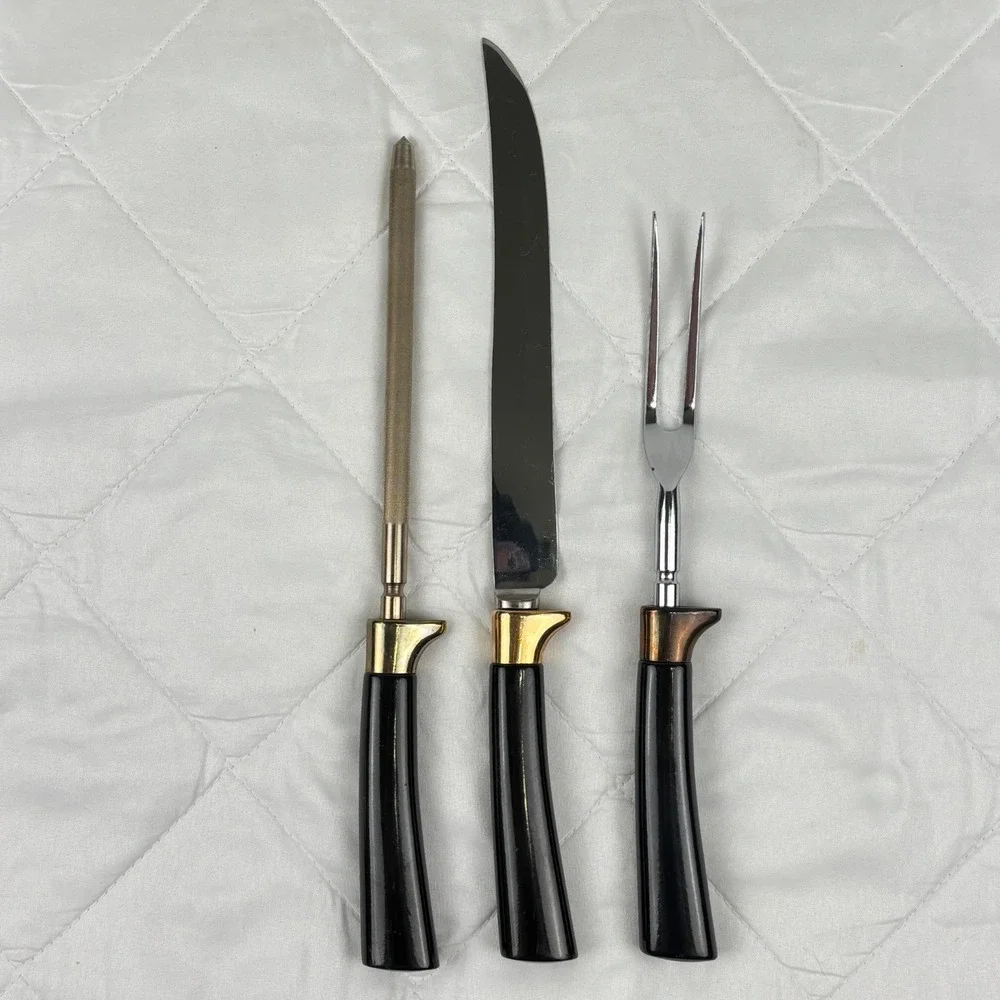 Vintage Washington Forge Steak Knife Carving Set 24K Gold Plated Boxed MCM